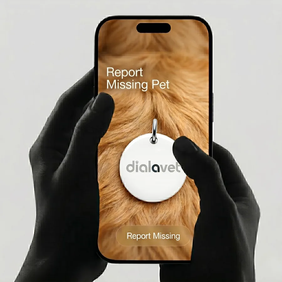 Dial A Vet app showing Report Missing Pet screen on an iPhone
