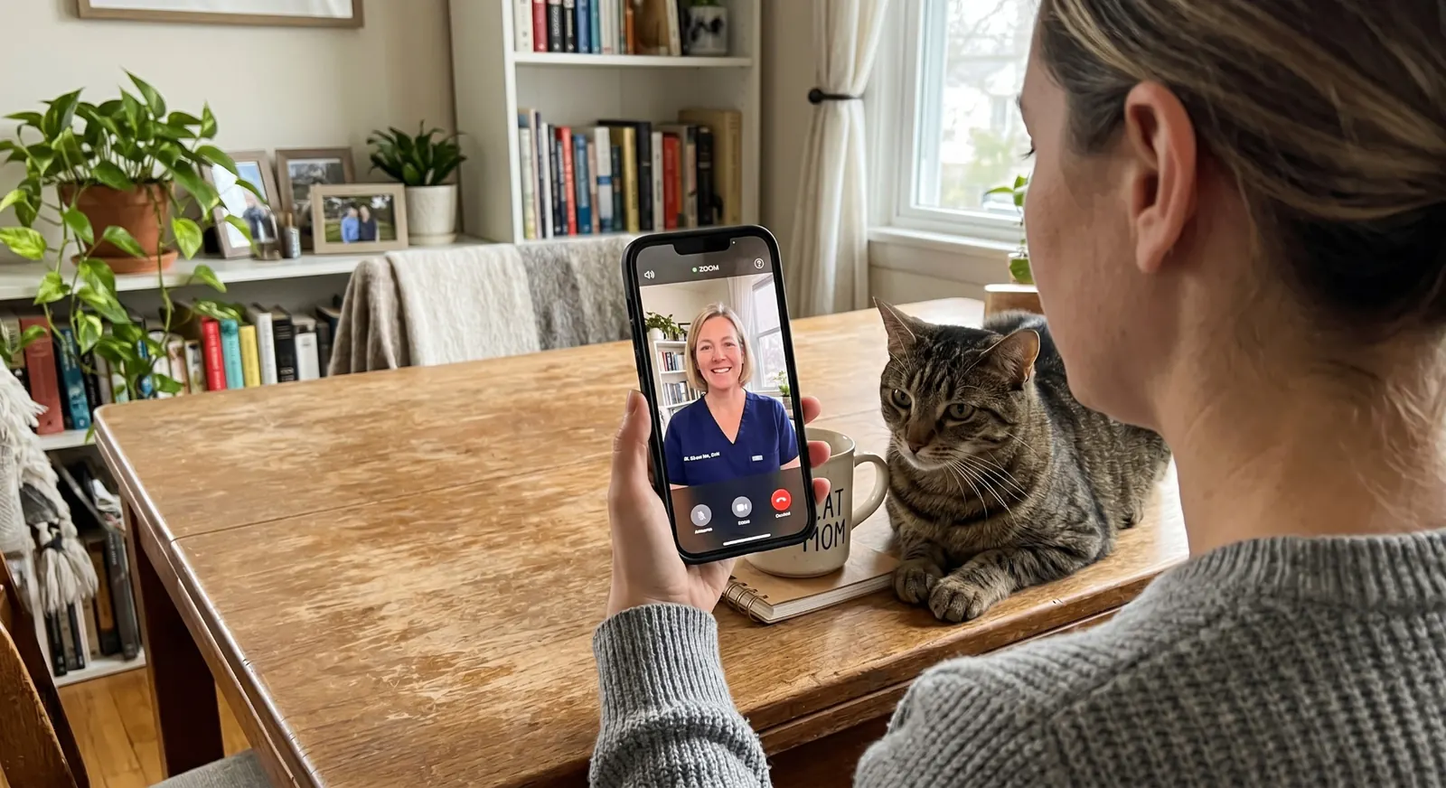 Person on a video call with a vet while a cat sits nearby