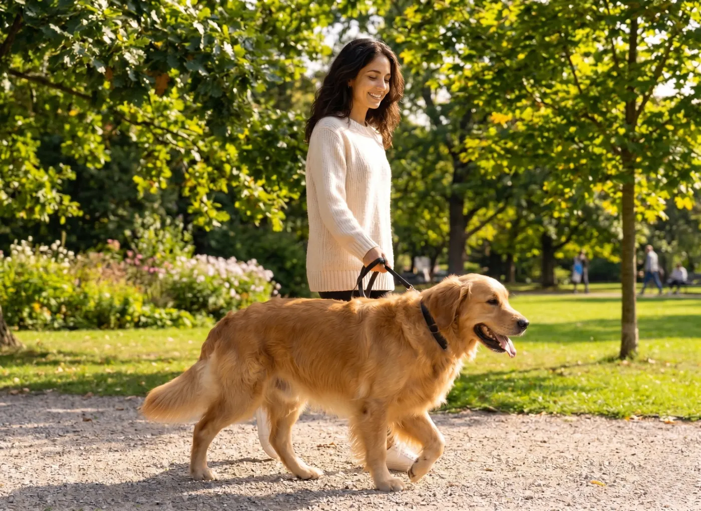Woman walking golden retriever in park
